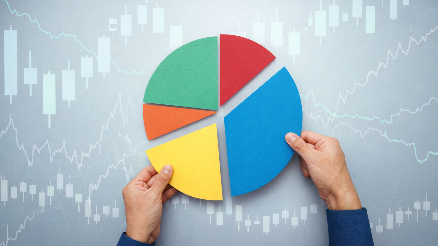 Ruky držiace farebné časti koláčového grafu symbolizujúce diverzifikáciu investičného portfólia.