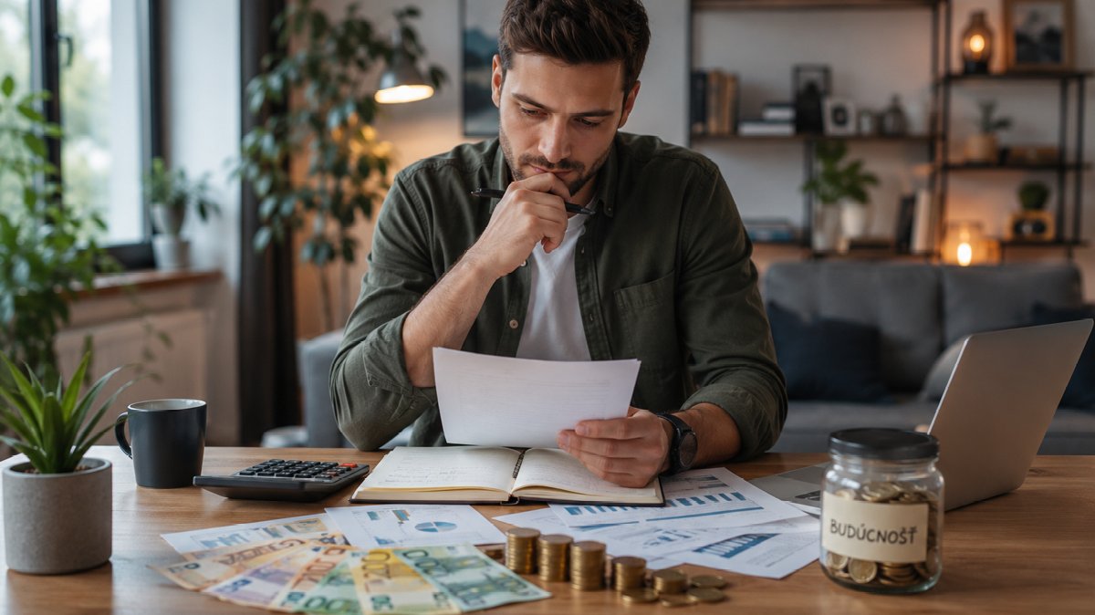 Mladý muž plánuje financie a vytvára si rezervu pred podaním žiadosti o hypotéku. Dôležitá je príprava na kúpu nehnuteľnosti a financovanie bývania