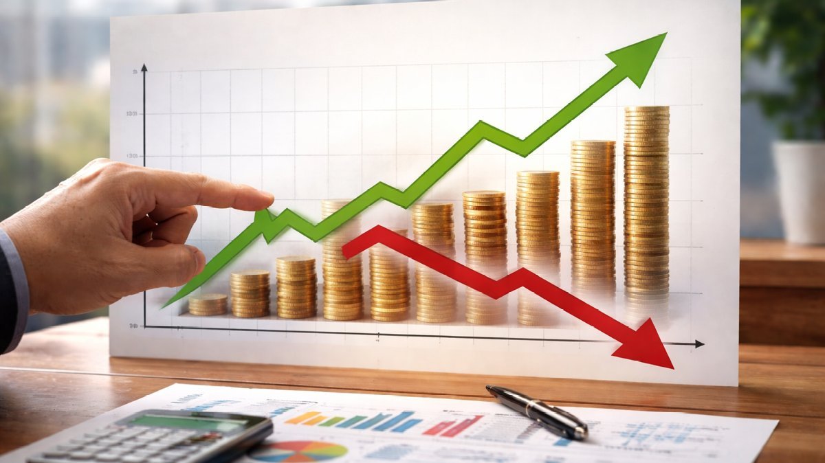 Graf príjmov a výdavkov znázornený mincami a šípkami rastu a poklesu v kontexte daňového priznania