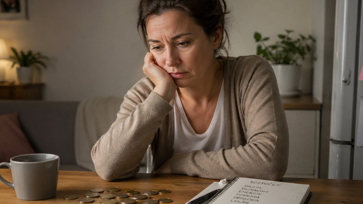Keď sa o peniazoch bojíme hovoriť Žena sedí pri stole s rozpočtom domácnosti a mincami, pôsobí zamyslene a zneistene pri riešení finančnej situácie.