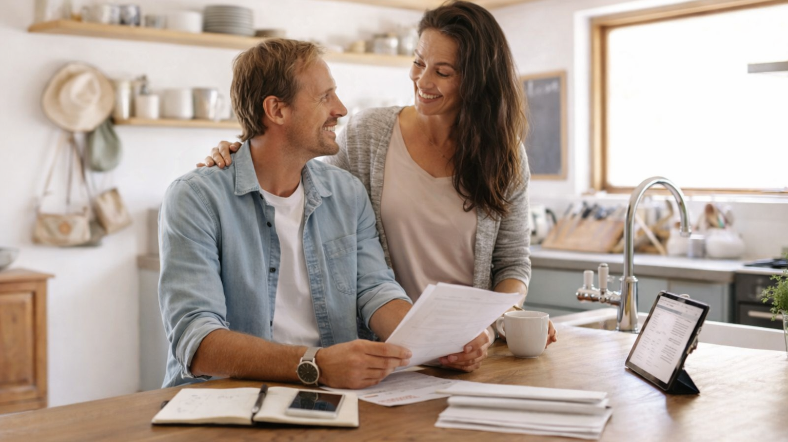 Revízia rozpočtu - rodinný rozpočet Pár pri kuchynskom stole spoločne prehodnocuje rodinné financie a rozpočtové výdavky.