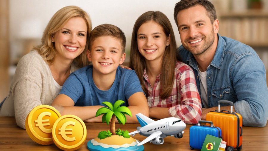 Rodina plánuje dovolenku a hovorí o peniazoch, rozpočet na dovolenku a finančné plánovanie