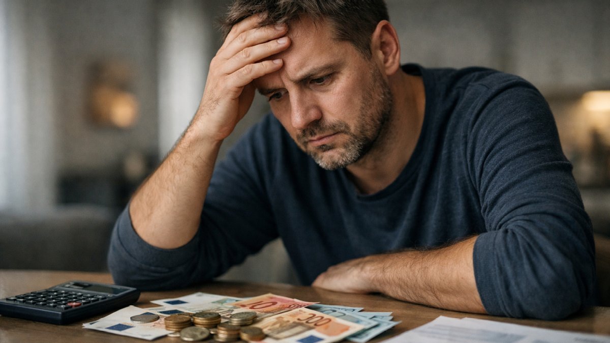 Muž premýšľa nad rozpočtom na dovolenku, finančné starosti a nedostatok plánovania