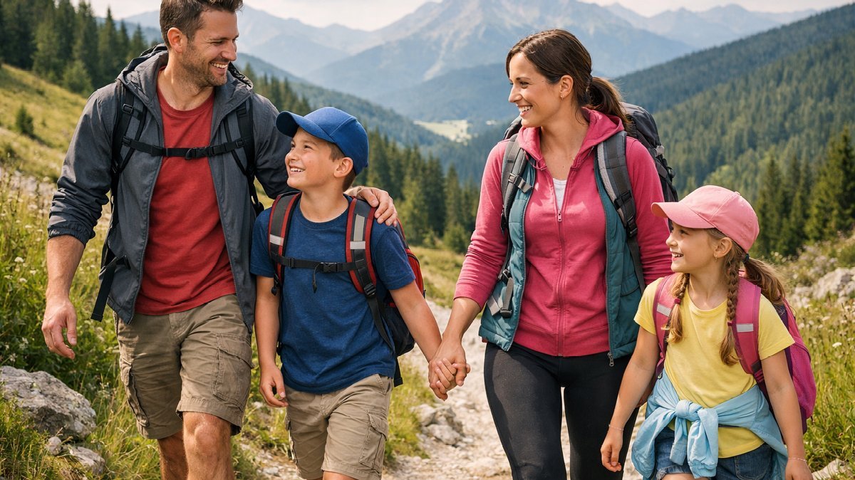 Rodina na dovolenke v prírode, spokojná vďaka dobrému finančnému plánovaniu dovolenky