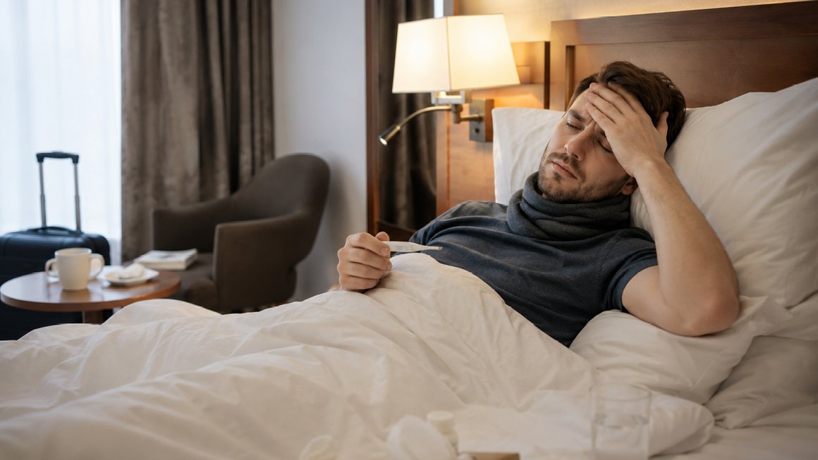 Choroba na dovolenke v zahraničí Muž leží chorý v hotelovej izbe počas dovolenky v zahraničí a drží v ruke teplomer.