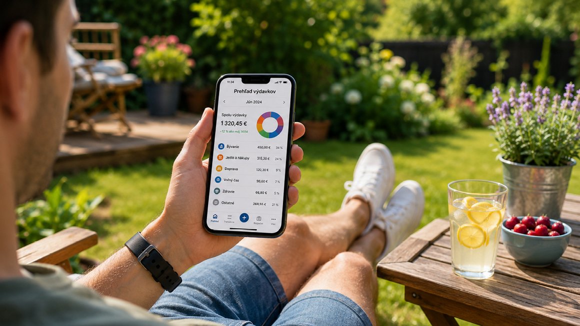 Prehľad o výdavkoch pomáha udržať financie pod kontrolou aj počas leta Muž kontroluje letné výdavky a osobné financie v mobilnej aplikácii počas oddychu.