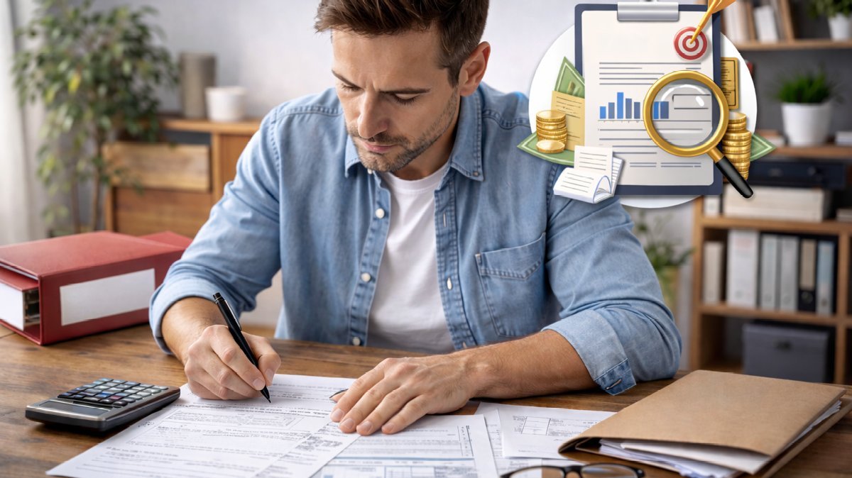 Muž kontroluje a vypĺňa daňové priznanie a analyzuje svoje financie