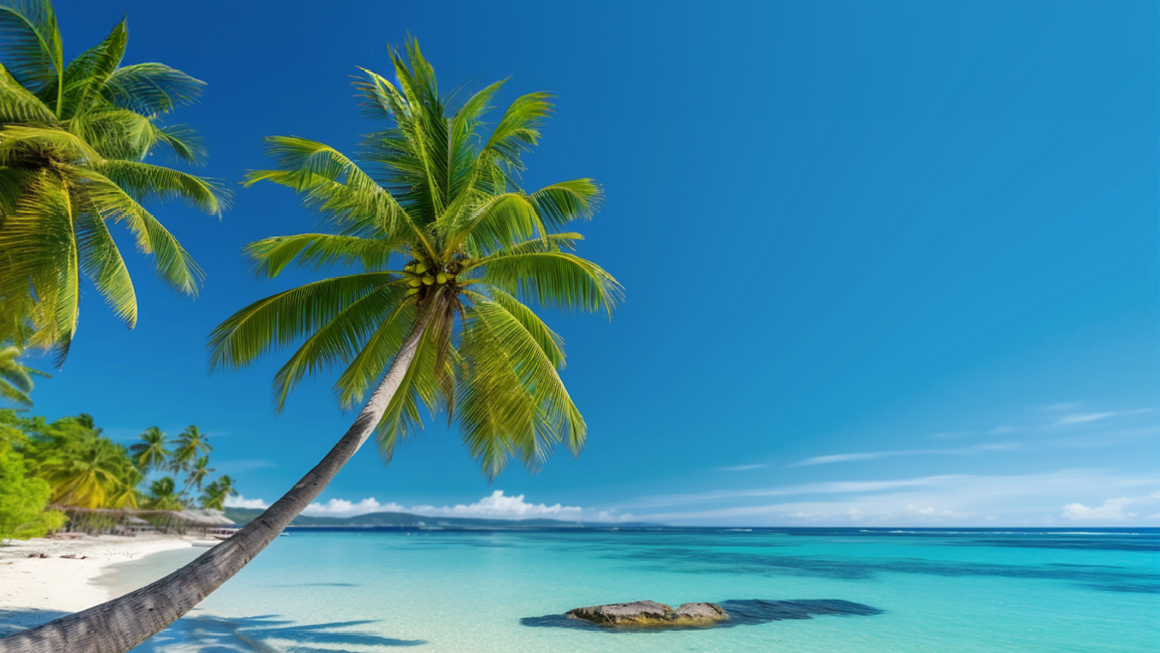 Palmové stromy pozdĺž tropickej pláže.