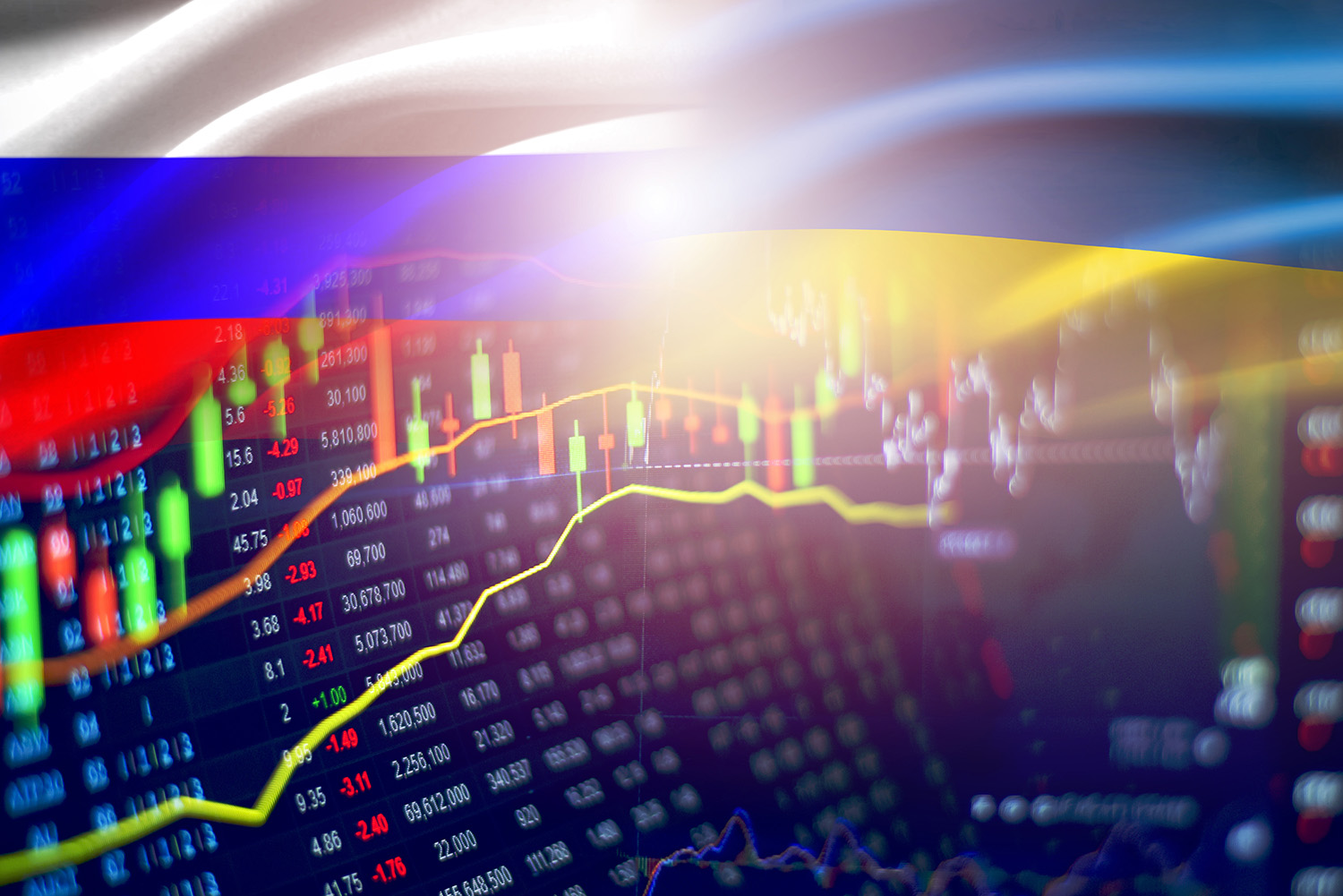 Finančné grafy s vlajkou Ukrajiny a Ruska