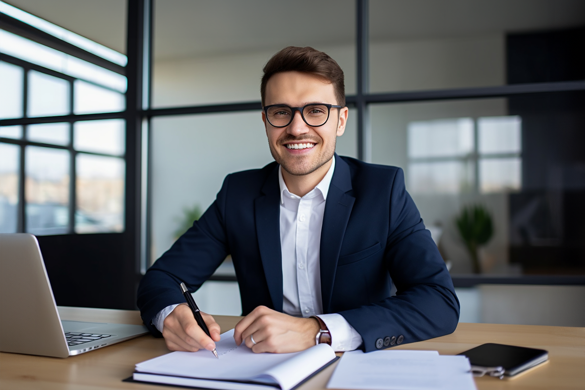 Muž pracuje s laptopom a zápisníkom