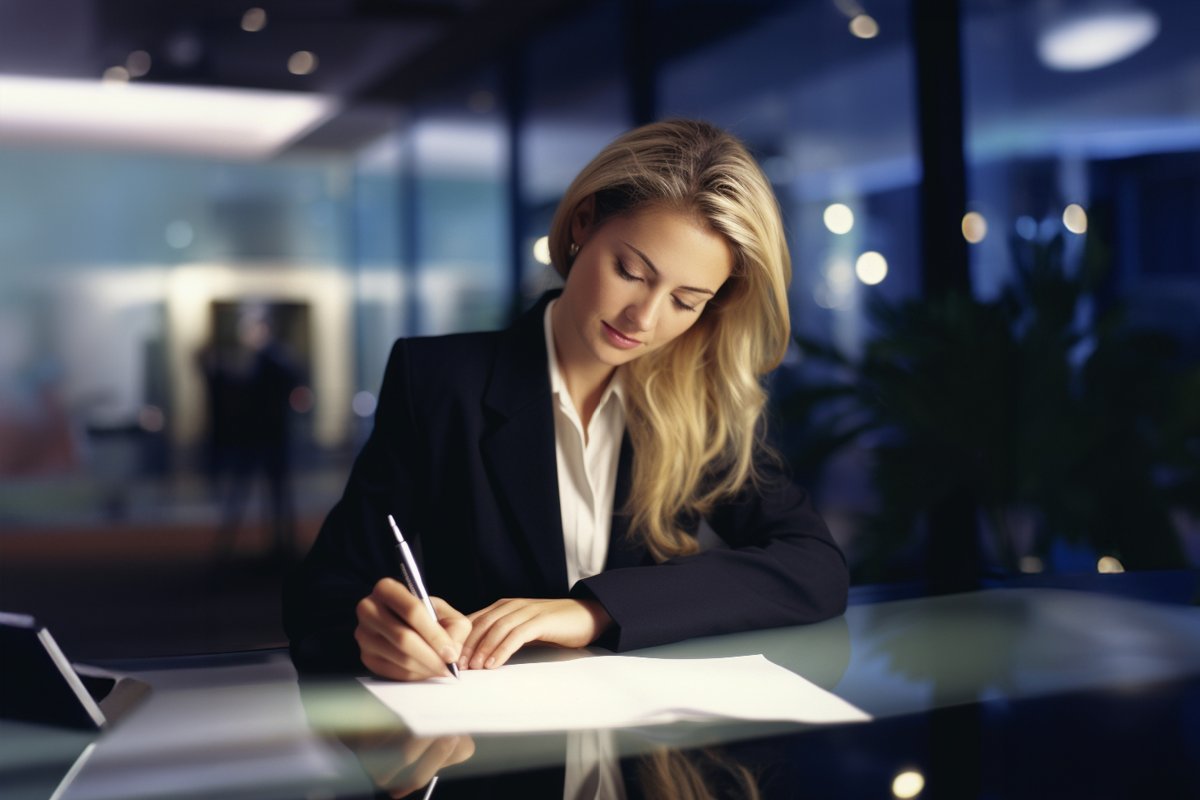 Žena v obleku píše na papier v kancelárii.