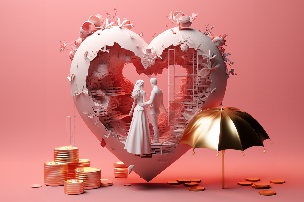 Srdce v ktorom sú dve postavy s mincami a dáždnikom okolo