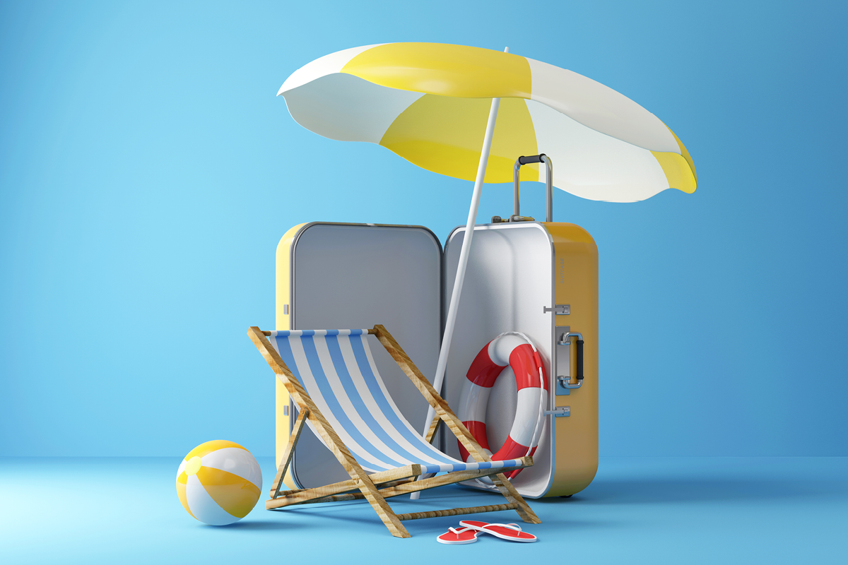 Lehátko, kufor, slnečník a plážová lopta