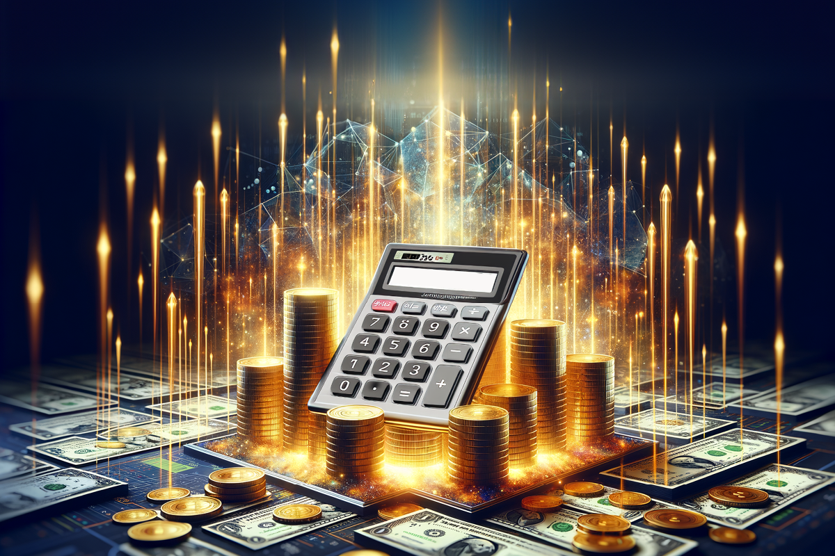 Kalkulačka a mince so žiariacimi dátovými prúdmi