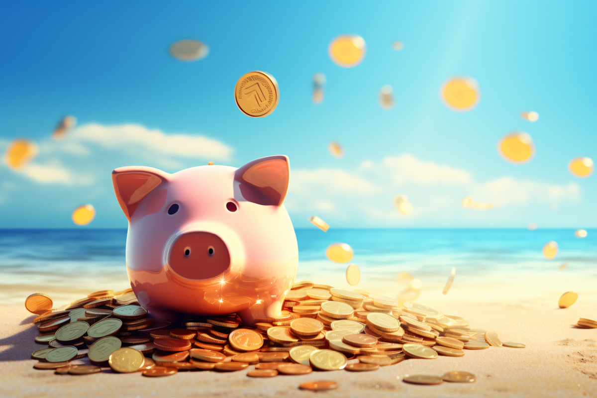 Ružová pokladnička na pláži obklopená mincami – sporenie na dovolenku