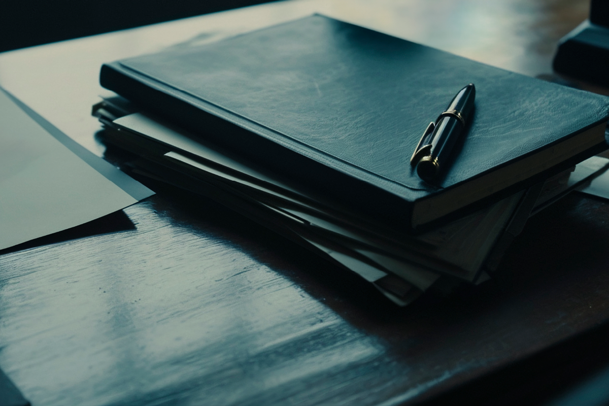 Kožený zápisník s perom leží na stole na vrchu papierov a dokumentov