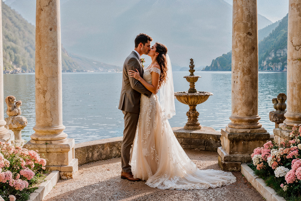 Nevesta a ženích počas svadobného dňa pri jazere