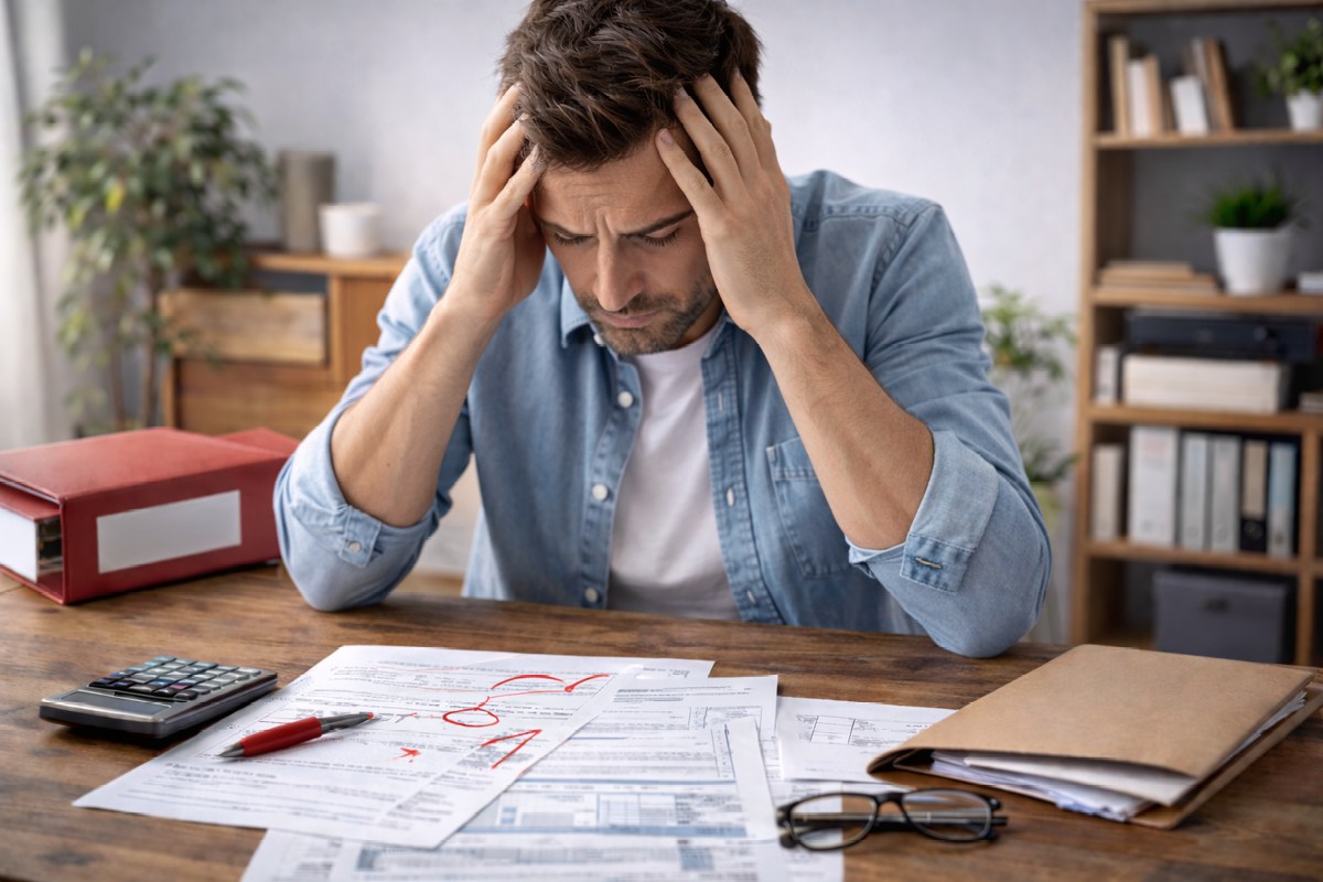 Muž zmätený pri vypĺňaní daňového priznania s chybami v dokumentoch