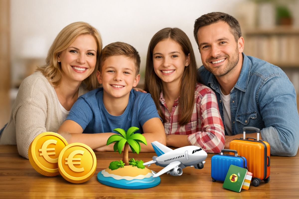 Rodina plánuje dovolenku a hovorí o peniazoch, rozpočet na dovolenku a finančné plánovanie